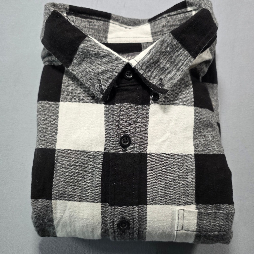 Eddie Bauer Mens Tall XL Flannel Shirt Black White Buffalo Plaid Button Down TXL